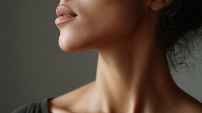 Soft close up of smooth skin on woman neck and collarbone area with natural light highlighting delicate texture and warm tone, evoking calm and elegance