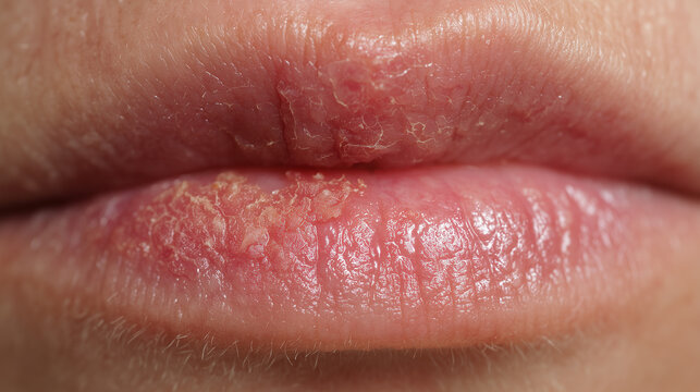 Macro close up of dry cracked lips showing actinic cheilitis texture with peeling skin and redness, highlighting lip edge condition and skin damage