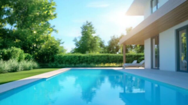 Modern house outdoor pool garden with clear blue water sunlight reflection creating calm atmosphere wooden deck backyard landscape perfect for summer relaxation leisure enjoyment bright sunny day