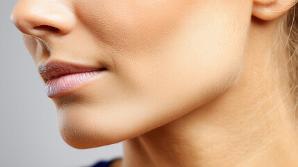 Obraz premium Macro portrait of jaw corner and neck base with smooth skin texture and gentle lighting, highlighting natural beauty and soft lips in close up view