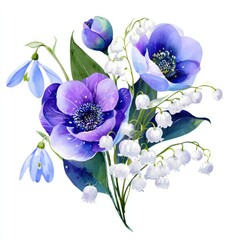 Fototapeta premium Watercolor bouquet of purple and blue anemones, snowdrops, and lily of the valley