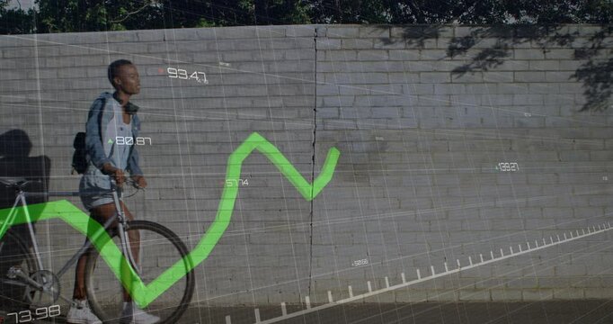 woman pushing bicycle along sidewalk activating fluctuating green line graph showing data analytics