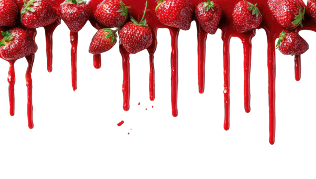 Ripe strawberries dripping vibrant red juice against a black background
