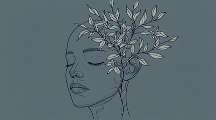 Line art of face with closed eyes and blooming leaves and flowers growing from head, symbolizing growth and calmness in minimalistic style