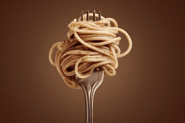 A fork holds a tangled mass of light brown pasta against a muted brown background