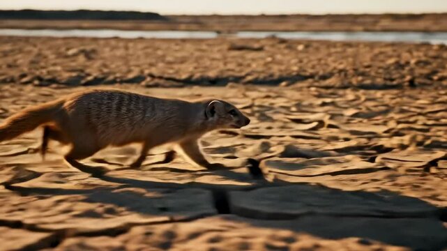 ichneumon mongoose - A solitary mongoose walks across cracked, dry earth in a vast arid landscape at sunset, highlighting the effects of drought and environmental change