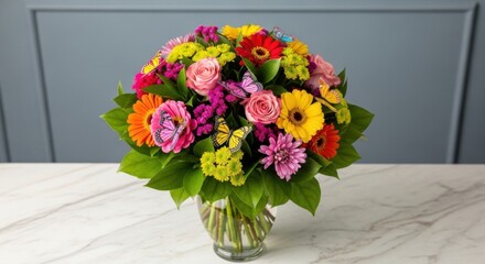 Vibrant Mixed Seasonal Flower Arrangement in Glass Vase with Greenery and Butterflies