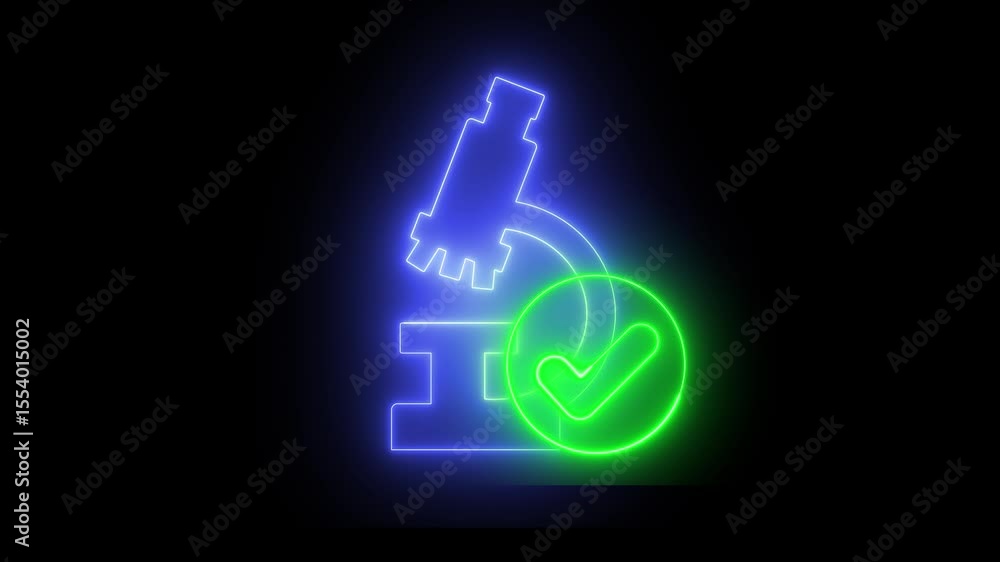 Poster animation of a neon light icon of a microscope and a green check mark