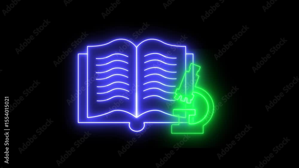 Aufkleber animation of an icon with a neon light effect of an open book and a microscope