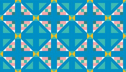 Colorful geometric pattern featuring overlapping triangles, squares, and rectangles in shades of blue, yellow, green, and pink. The bold composition creates a dynamic, seamless textile-style design