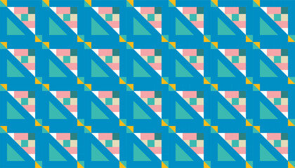 Colorful geometric pattern featuring overlapping triangles, squares, and rectangles in shades of blue, yellow, green, and pink. The bold composition creates a dynamic, seamless textile-style design