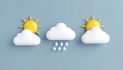 Three weather icons; sun, cloud, rain
