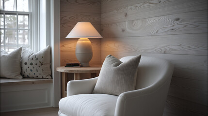 Cozy living room corner with white armchair, textured pillow, wooden side table, and warm lamp light creating calm and inviting atmosphere near window seat with cushions