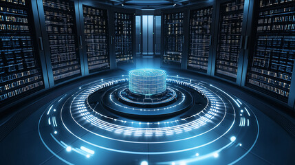 Massive AI core inside futuristic data center surrounded by glowing circular digital interface and server racks, showcasing advanced technology and innovation in high tech environment