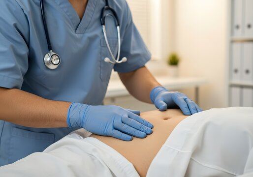 A healthcare professional in blue gloves performs a medical examination, gently palpating a patient's abdomen with their hands to assess their condition