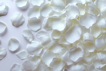 White rose petals scattered on pastel background