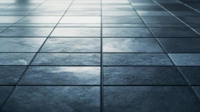 Dark gray tile floor with smooth texture and subtle reflection creating modern surface pattern and calm atmosphere featuring clean grout lines under soft lighting for elegant space design