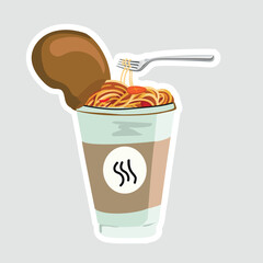 Cup Noodles - Vector Illustration Sticker. A steaming cup of instant noodles with a fork lifting spaghetti. A fun and tasty food-themed sticker, great for menus, cafes, and kitchen decor