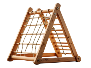Wooden triangular climbing frame with rope net and ladder isolated on a transparent background