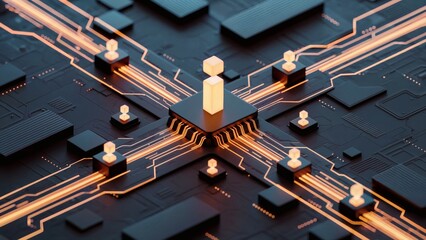Futuristic circuit board with glowing orange data trails and gold i symbol surrounded by user icons on a dark high-tech background