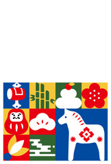 New Year's Cards-1　2026年、年賀状 午（うま・馬）の干支イラスト。 令和8年、年賀状テンプレート。和モダンなデザインの年賀状。