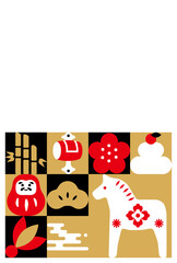 New Year's Cards-3　2026年、年賀状 午（うま・馬）の干支イラスト。 令和8年、年賀状テンプレート。和モダンなデザインの年賀状。