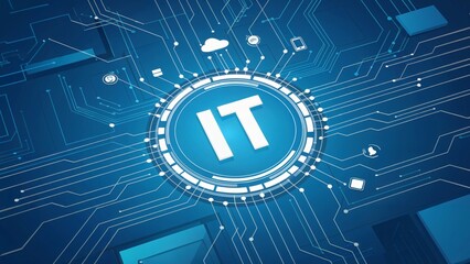 Blue digital circuit board with white it icon and connected cloud and device symbols glowing in high-tech circular interface