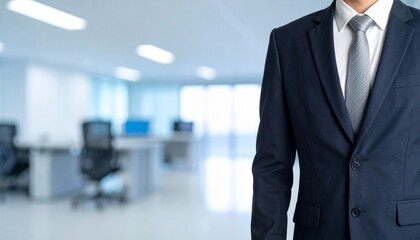 Business wallpaper with blurry office interior and a man in a suit looking large to the right