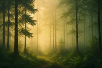 Fototapeta premium Dreamy forest background with mist and sunlight. Peaceful green woodland atmosphere, ideal for fantasy or nature scenes.