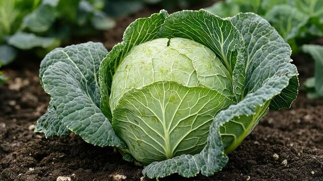 Fresh green cabbage in the ground
