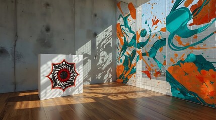 Modern Art Gallery Interior with Abstract 3D Optical Illusion Sculpture and Colorful Glass Mural, Sunlight Casting Shadows on Wooden Floor in Contemporary Exhibition Space