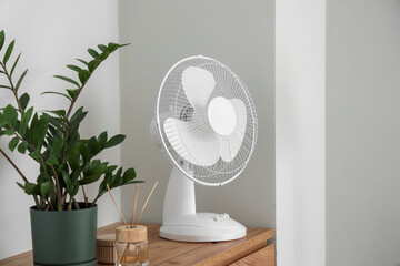 Electric fan with plant and reed diffuser on commode in room