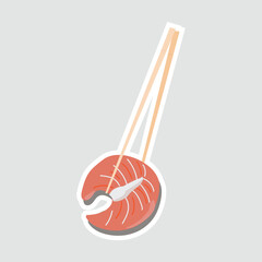 Obraz premium Salmon Sushi with Chopsticks Vector Sticker. A vector Illustration sticker of fresh salmon sushi held by chopsticks. Perfect for food lovers, Japanese cuisine themes, and culinary designs