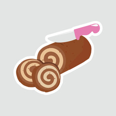 Roll Cake Vector Sticker. A cute vector illustration of a chocolate roll cake with a knife. Perfect for bakery stickers, food packaging, and dessert-themed designs