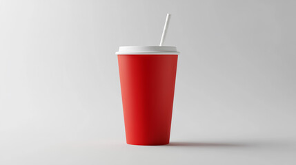 Bold red disposable drink cup with crisp white straw, minimalistic and eye-catching, centered on a white background