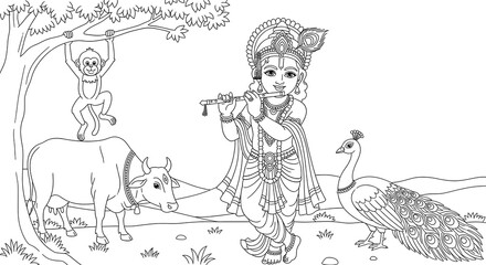 Lord krishna playing flute with cow monkey and peacock isolated on transparent background