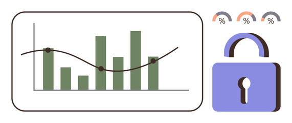 Green bar chart with trendline marks, purple lock symbol, and percentage indicators showing data trends. Ideal for analytics, cybersecurity, privacy, protection, statistics, software simple landing