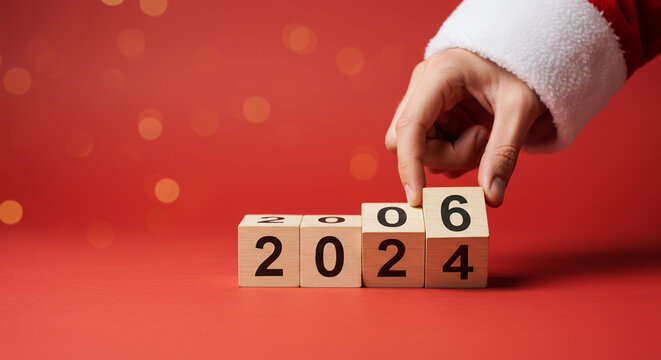 Person Adjusting Wooden Blocks to Display the Year 2026 Against a Red Background