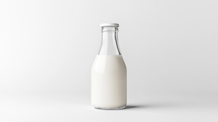 Glass bottle filled with fresh white milk, classic shape with smooth curves, transparent glass showing creamy texture