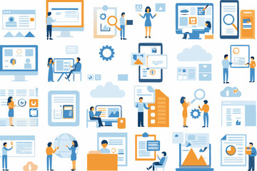 Description: A collage of various illustrations showing people engaged in different digital activities such as coding, data analysis, marketing, customer service, and more. Each illustration depicts a