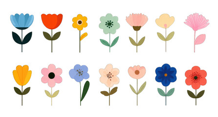 A vibrant collection of twenty stylized floral illustrations in a retro aesthetic, showcasing diverse shapes, colors, and simple designs