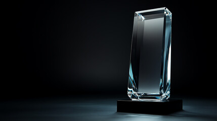 Modern clear glass award displayed against a dark, glossy black backdrop, glowing reflections emphasize its smooth contours