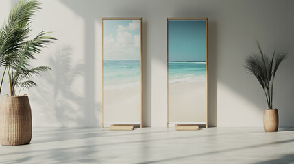 Modern roll-up banners with minimalist corporate design and vibrant coastal colors, displayed in a serene beach-inspired setting