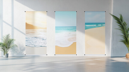 Modern roll-up banners with minimalist corporate design and vibrant coastal colors, displayed in a serene beach-inspired setting