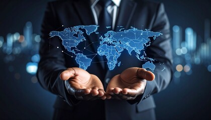 A man in a suit holds his open palm over which a digital line map of continents floats, with a linear growth chart overlaid on top