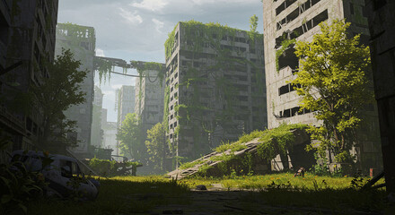 Urban wilderness a cityscape reclaimed by nature in a post apocalyptic setting