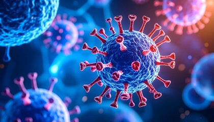 Macro 3D render of a red virus binding to a human cell membrane, with blue receptors glowing in a vibrant plasma backdrop.