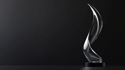 Single transparent glass trophy on a sleek black background, elegant curves highlighted by soft reflections, high-resolution product lighting