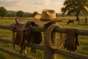 Rustic cowboy hat and lasso rope with blurred horse in countryside ranch setting