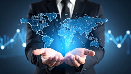 A man in a suit holds his open palm over which a digital line map of continents floats, with a linear growth chart overlaid on top